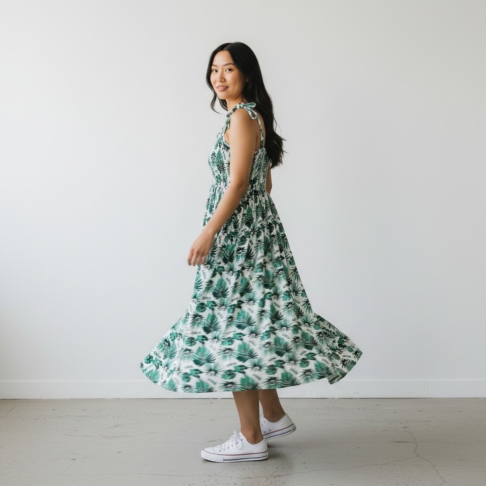 Disney Tropical Mickey Aloha Smocked Stretch Cotton Dress Green White Beach